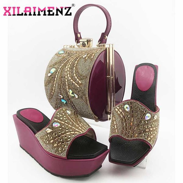 

purple color wedges italian women shoes and bag set african lady shoes matching bag for wedding party, Black