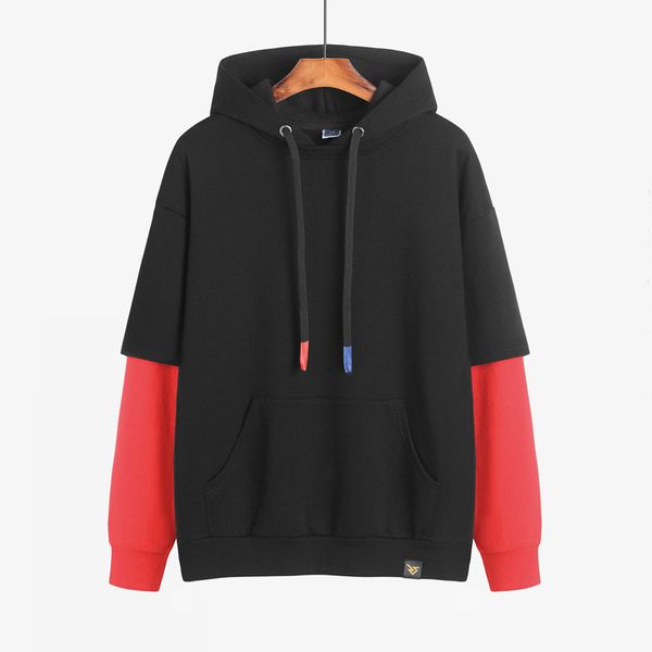 

мужская одежда новый японский чистый хлопок поддельные две части моды бренд сращивания толстовки мужская одежда, Black