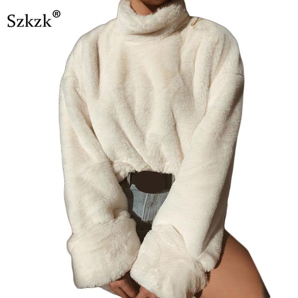 

szkzk soft plush sweater women clothes winter casual long sleeve turtleneck pullover faux fur white black jumper warm thick