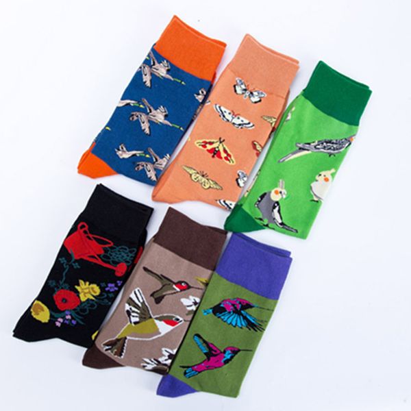 

fashion harajuku hip hop cartoon animal men women socks flower bird butterfly pattern skateboard happy sock calcetines hombre, Black