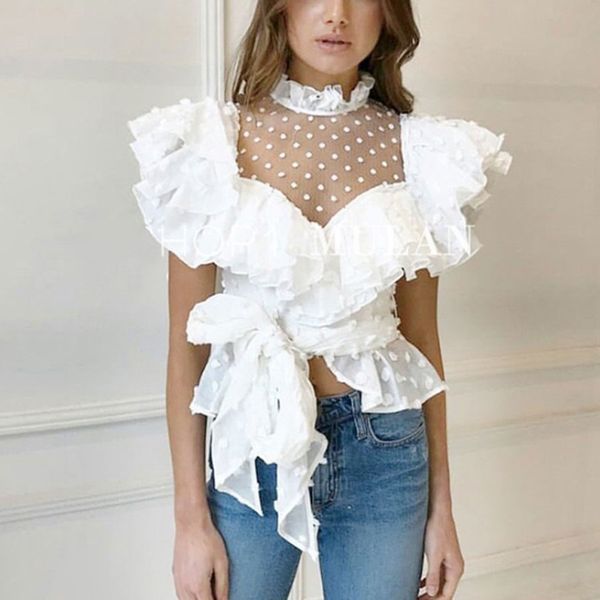 

2018 lace new style women white blouse shirt fashion perspective dots pattern ruffled shirt long sleeve women blouses