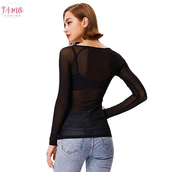 

see through t shirt women long sleeve seamless arm shaper mesh shirt blusa 2019 summer slim o neck clothes, White