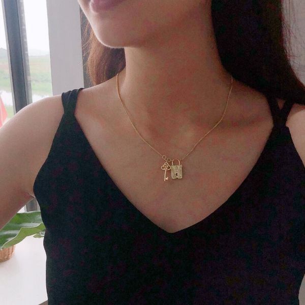 

2019 flower gold lock key pendant necklaces for women 925 sterling sliver charms chokers necklaces minimalist layered choker, Silver