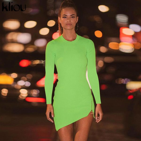

kliou trend neon green asymmetry bodycon knitted woman dress 2019 fall full sleeve casual zipper slit design mini dress mujer, Black;gray