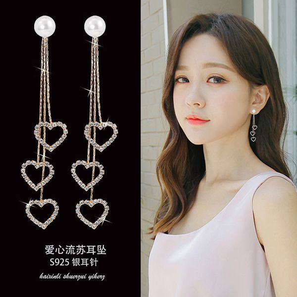 

love inlaid diamond tassel earrings south korea show thin face earrings super immortal personality long and versatile net red, Golden;silver