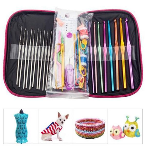 

швейный набор вязание крючком комплект diy швейные принадлежности крючком крючки полный набор ремесло вязание инструмент кожаный чехол, Black