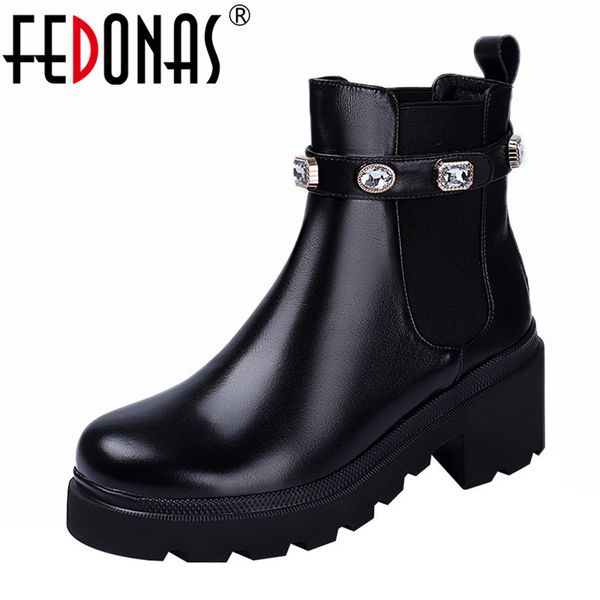 

fedonas genuine leather crystal women high heels ankle boots winter warm autumn short boots punk office new shoes woman, Black