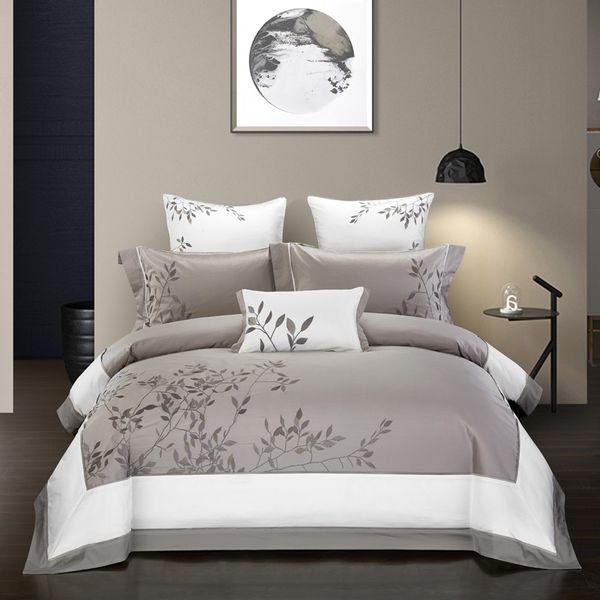 Embroidery Chinoiserie Style Duvet Quilt Cover Grey Leaves