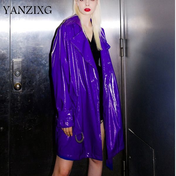 

2019 new autumn winter women fashion turn-down collar full sleeves pu leather jacket purple color with waist belts s486, Tan;black