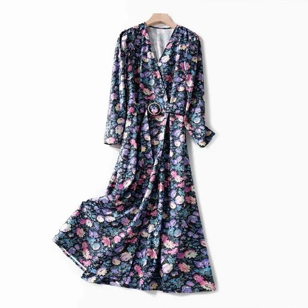 

women dress 2020 new deep v-neck buckle with diamond waist design bubble sleeve print midi dress, Black;gray