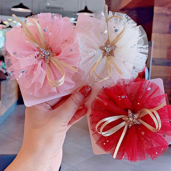 

beautiful sequined baby hair clips mesh flower baby girl hairpins five-pointed star princess headdress head accessories, Slivery;white
