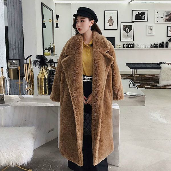 

2019 new winter wool blend teddy bear coat pink red coats women outerwear female jacket thicken warm loose long overcoat, Black