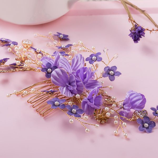 

wholesale-romantic purple flower comb bridal hair vine pearls wedding hair jewelry combs handmade women headwear, Slivery;golden