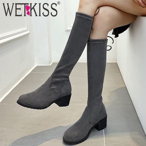 

wetkiss knee high boots women stretch flock boot female round toe high heels thick shoes ladies cross tied shoes winter 2020 new, Black
