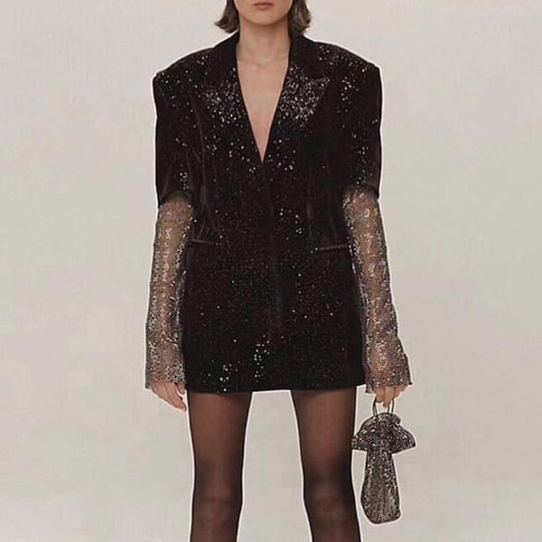 

women diamonds shiny patchwork blazer coats notched fashion rhinestone pockets long sleeve blazer suits clubwear sexy, White;black