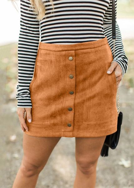 

women four-color pocket suede buttoned slim skirt vestido#g3, Black