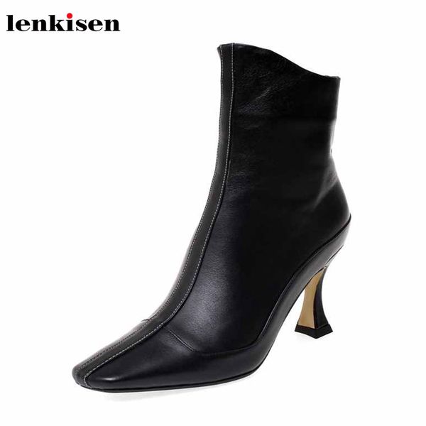 

lenkisen soft genuine leather thin high heels square toe zip european simple style fashion gentle winter women ankle boots l13, Black