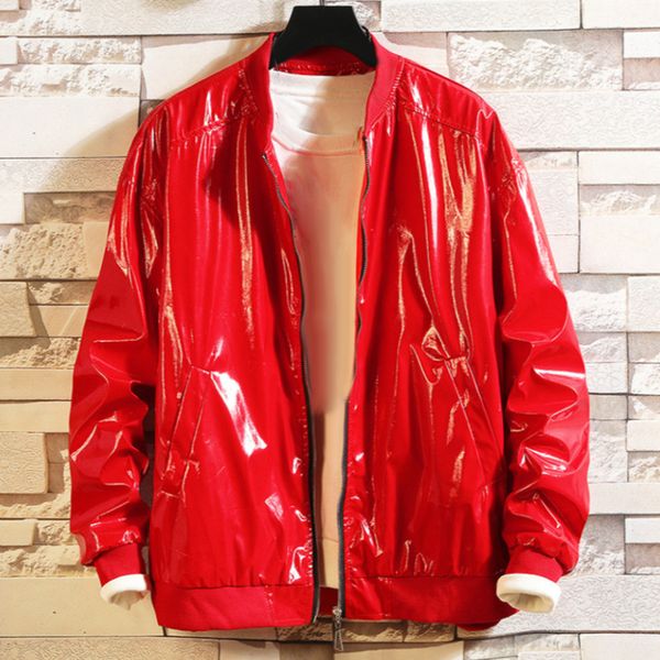 

men shiny jacket baseball driving coat long sleeve pu leather casual outwear, Black
