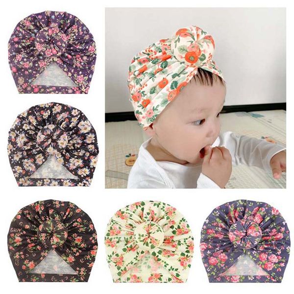 

cotton floral printed cap knotted turban headband for girls pullover cap hat head wrap baby hair accessories, Yellow
