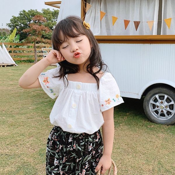 

pwn5c girl's one-line collar doll 2020 children's pure doll shoulder strap cotton embroidered short-sleeved shirt baby's stra, White;black