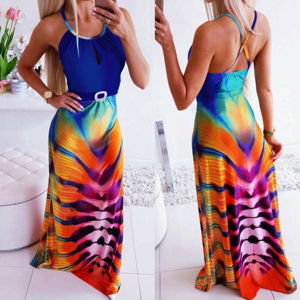 

halter neck shiny rainbow dyeing print maxi dress women summer fake belted long evening party going out vestidos beach sundress, Black;gray