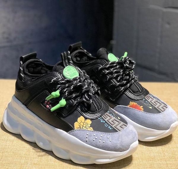 

2020 luxury chain shoes men women flat shoes black white mesh rubber leather fashion casual versace sneakers reaction shoes, Blue;gray