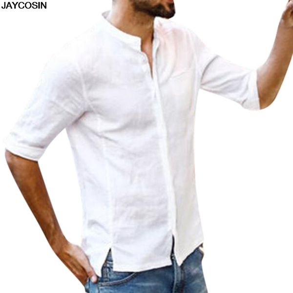 

klv blouses summer men fashion mens summer button casual linen and cotton sleeve blouse diy collar male blouse 9520, White;black