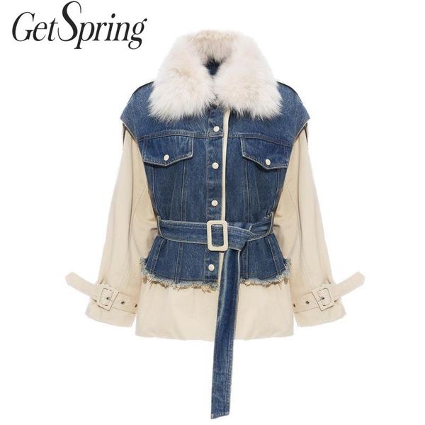 

getspring женщины parka зима outwear пальто куртки джинсовой срощенная real меховой воротник поддельные две зимних куртки утолщенной шинель, Black