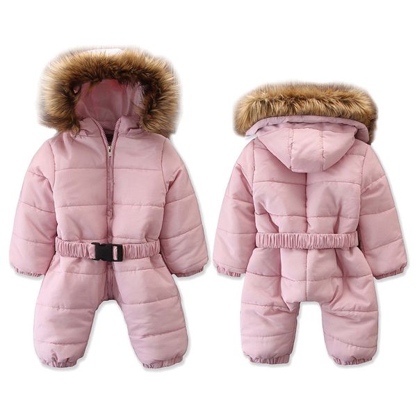 

newborn baby girl boy winter down cotton padded fur romper hoodie thick warm pink jumpsuit