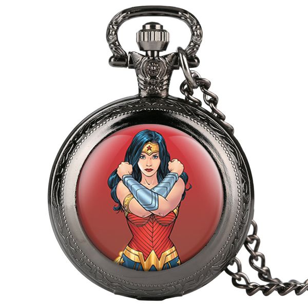 

fobs pocket watch for women superwomen pattern pocket watches arabic numerals dial quartz watch retro, Slivery;golden