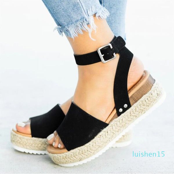 

2020 summer womens casual espadrilles trim rubber sole flatform studded wedge buckle ankle strap open toe sandals l15, Black