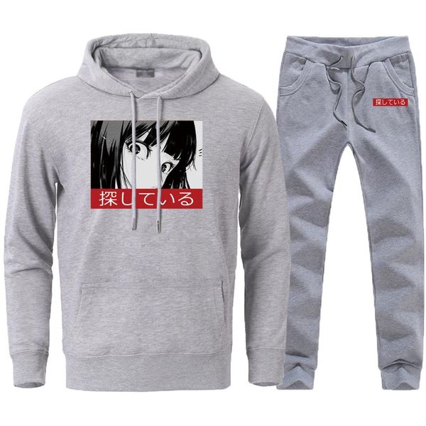 

stare sad japan anime harajuku mens sportswear hoodies pants sets 2020 man casual loose hooded pullover full length pants suits, Black
