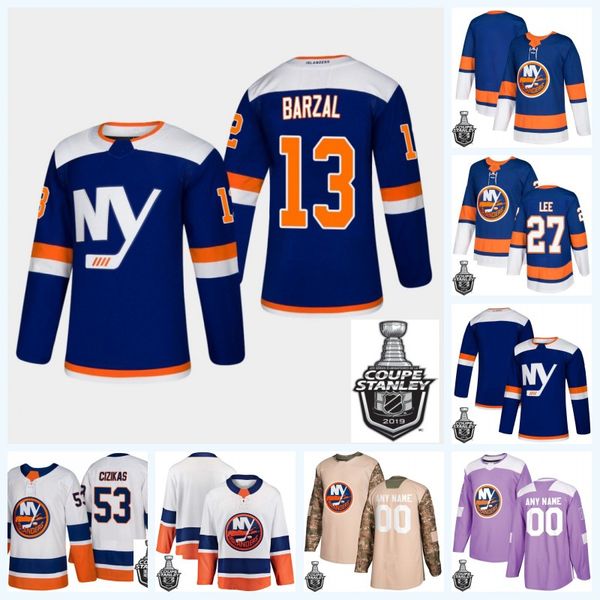 

New York Islanders 2019 Stanley Cup Playoffs Jersey 13 Mathew Barzal Leo Komarov 27 Anders Lee 53 Casey Cizikas Nick Leddy Matt Martin