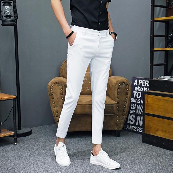 

2018 spring and summer new men's suit pants slim solid color simple fashion social business casual office mens dress pants, White;black