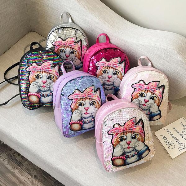 

lovely women backpack teenage kids sequins cute girl cat animal printing led light shoulder school bookbag glitter knapsack