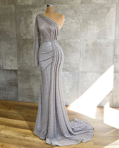 

2020 arabic aso ebi silver sparkly mermaid evening dresses one shoulder prom dresses sequined formal party second reception gowns zj554, Black