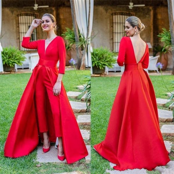 Элегантный красный атласная линия брючные костюмы вечерние платья длиной до пола с длинными рукавами спинки платья выпускного вечера комбинезоны женщины вечернее платье