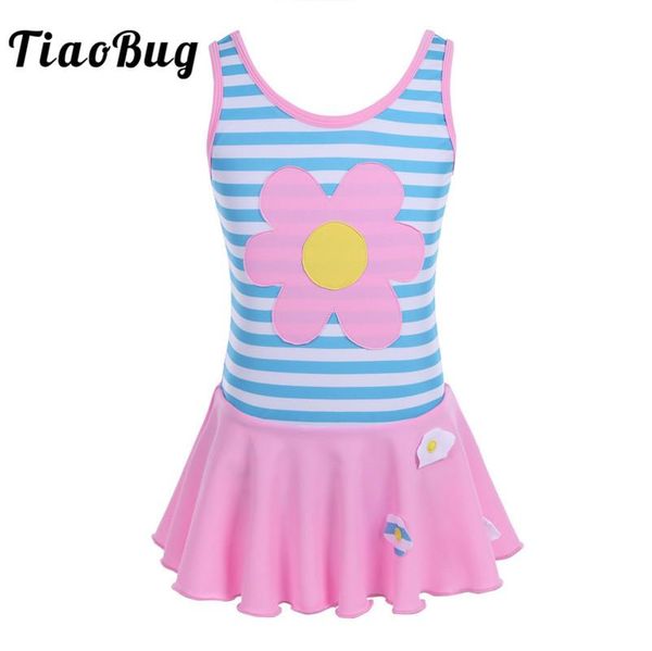

children's swimwear tiaobug kids girls one-piece striped flowers applique swimsuit bathing suit child sleeveless cutout back swim beach