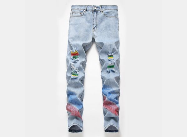 

original design, painted and painted jeans with holes, men's fashion brand elastic hand-painted pants, summer men's pants