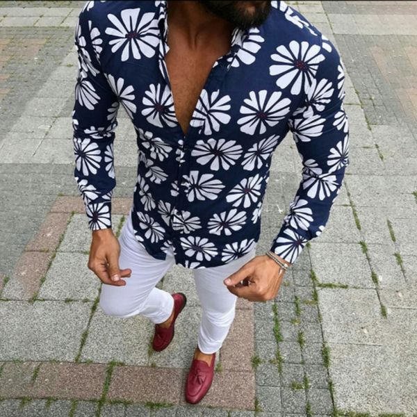 

2020 autumn new mens stand collared long sleeve shirts fashion man slim floral printed shirt hawaiian harajuku men casual shirt, White;black