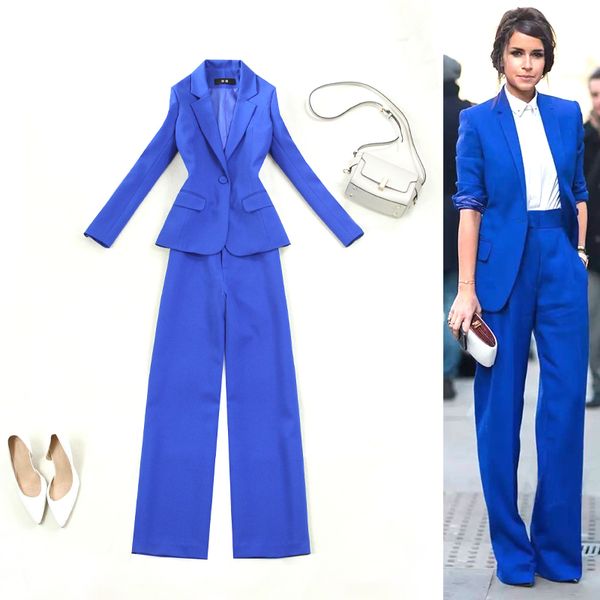 

women clothes large size women's spring and summer new blue slim one button suit wide leg pants women suit, White