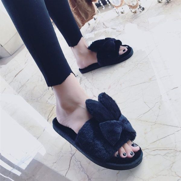 

cartoon fluffy slippers with ears cute women slippers soft sole home indoor warm flats bedroom house shoes, Black