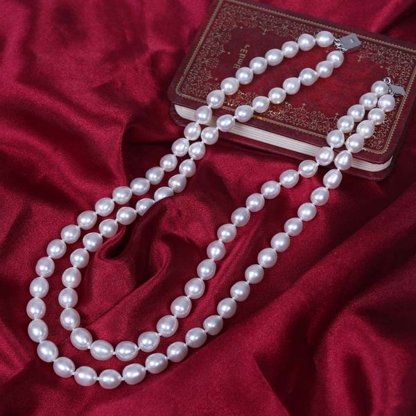 

hand knotted natural 2 rows fresh water white rice 8-9mm pearl necklace 45-47cm fashion jewelry, Silver