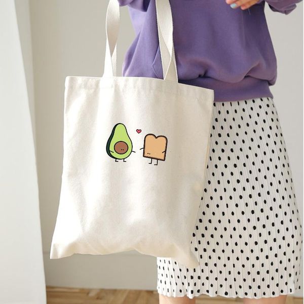 

avocado bread love women canvas shopping bag cartoon printed shoulder bag female large capacity ladies beach canvas tote