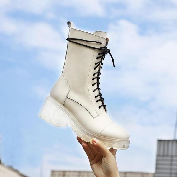 

size35-41 chunky motorcycle boots for women autumn 2020 fashion round toe lace-up combat boots ladies shoes, Black