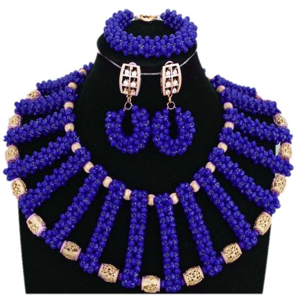 

dudo store fine jewelry set for women african wedding shoulder jewelry royal blue / red / fuchsia nigerian beads set for women, Slivery;golden