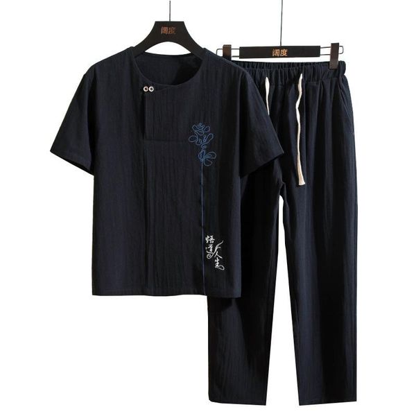 

men's tracksuits summer linen clothing set thin large size pants tang dress short sleeve t shirt chinese style men 5xl, Gray