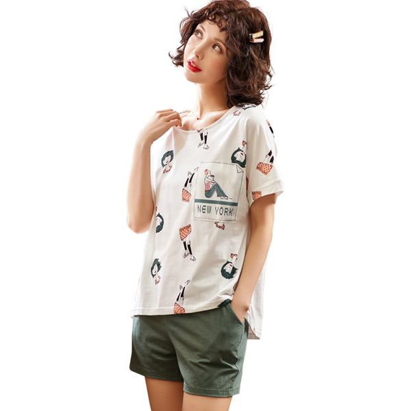

summer cotton pyjamas women two sets of short sleeves pijama mujer fresh lovely student cotton summer home wear red sleepwear, Blue;gray
