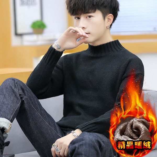 

fleece sweater men white grey black long sleeve winter pullovers casual solid turtleneck new fashion sweaters mens, White;black