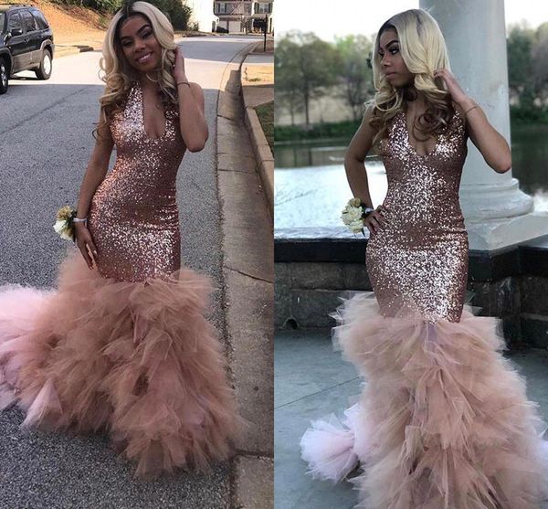 

Black girl equin mermaid ro e pink long prom dre e 2019 halter deep v neck organza kirt evening party gown bc1836